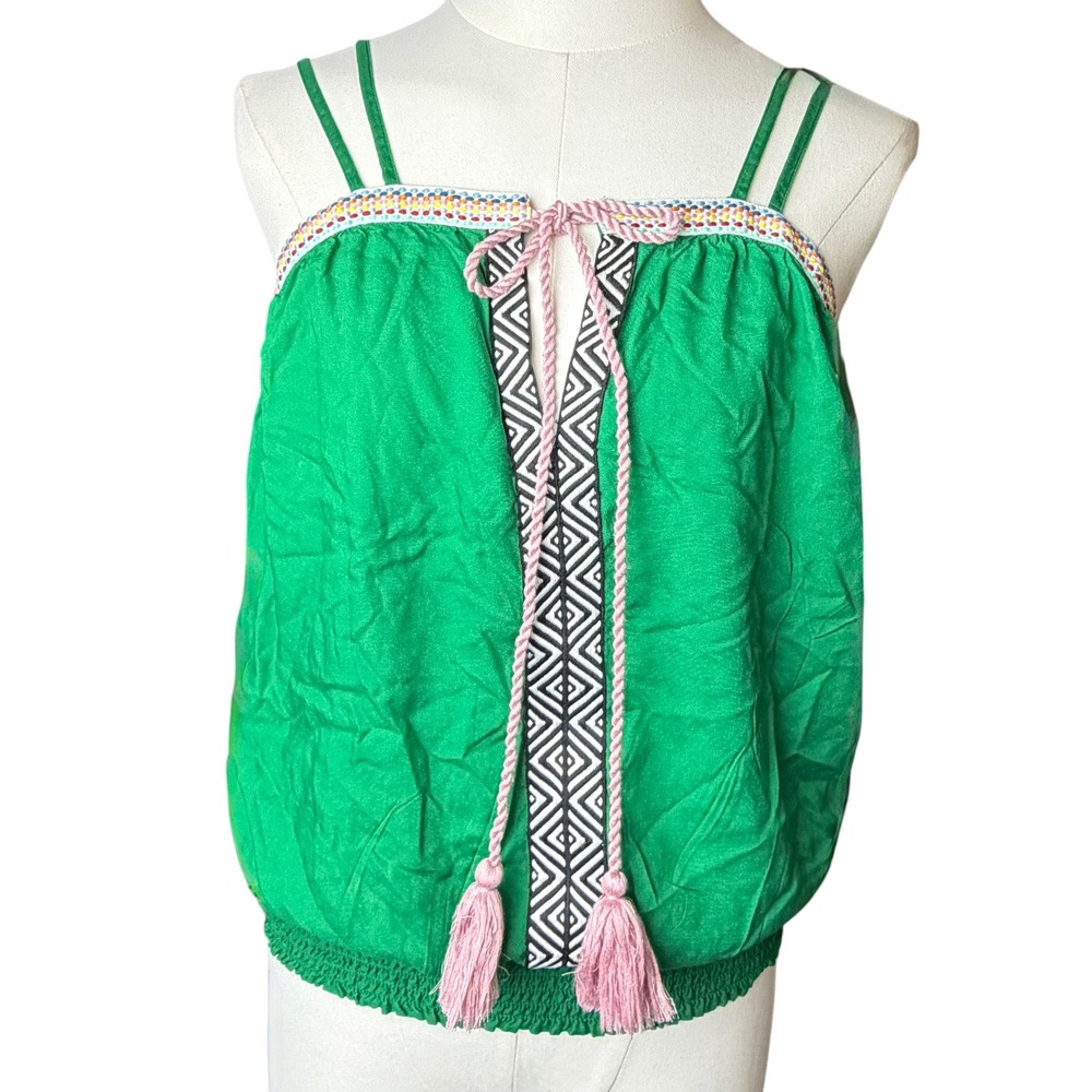 Geometric Embroidered Smocked Waist Tank Top Green Small Peasant Boho Festival